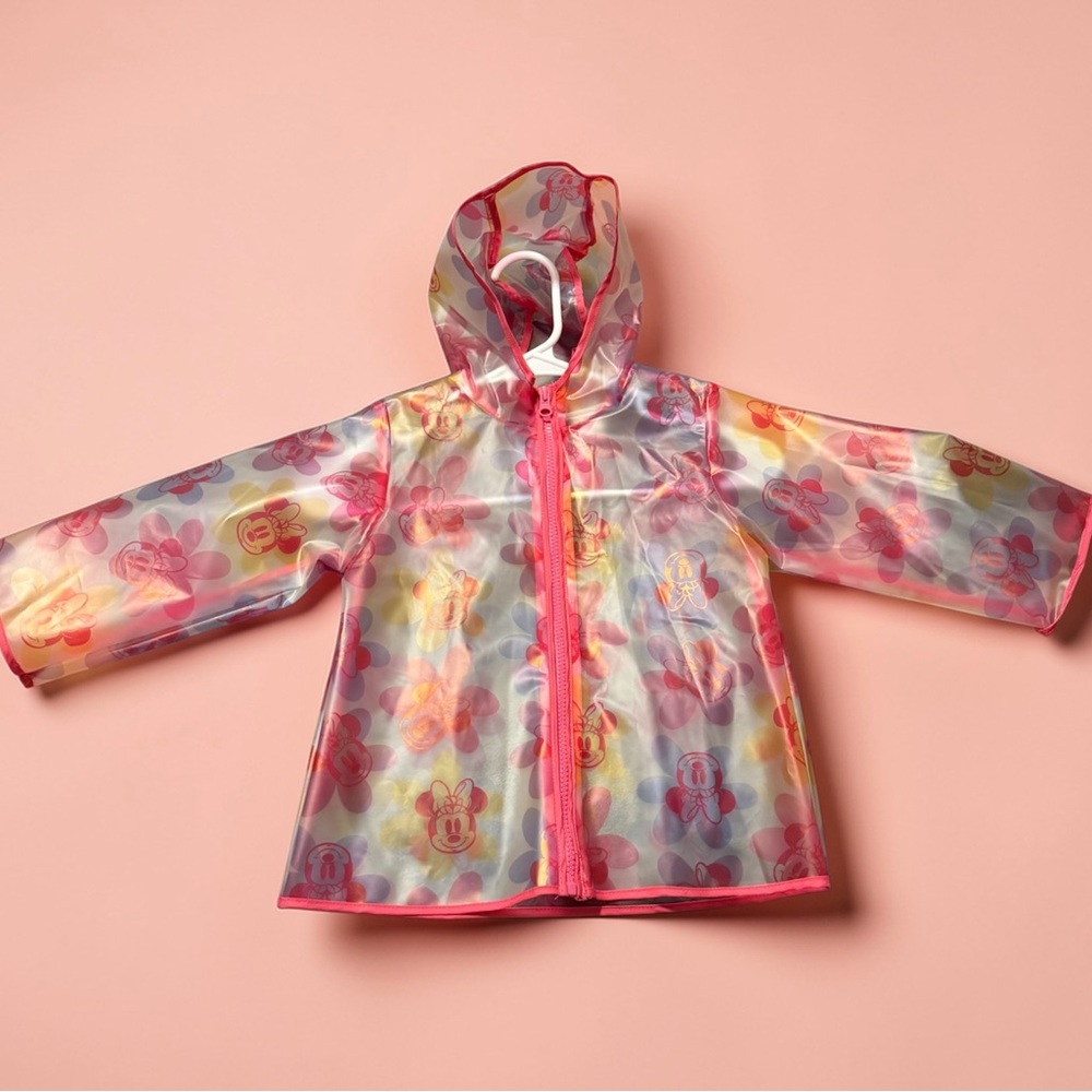 Disney 💕Minnie Mouse Clear Rain Jacket Hooded Pink Trim See Through Girls 3T NWT